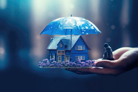 Image of protecting a house from flood damage with an umbrella, generated AIの素材