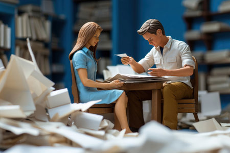 A miniature model of a man and woman buried in a mountain of documents, generated AIの素材