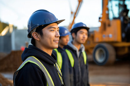 Japanese man working at construction site, generated AIの素材
