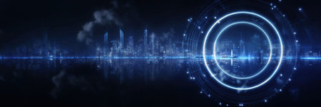 Night city and hologram circle, generated AIの素材