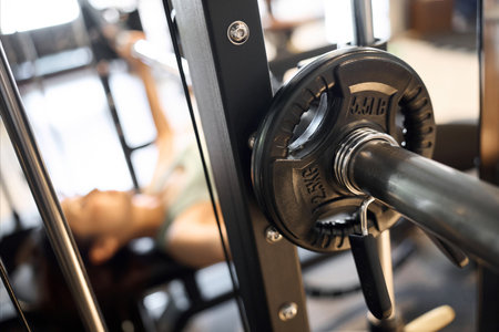 Woman training her chest with barbell bench pressの写真素材