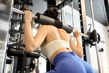 Woman training her lower body with barbell squatsの写真素材