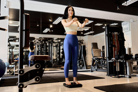 A woman using a body fat scale at the gymの写真素材