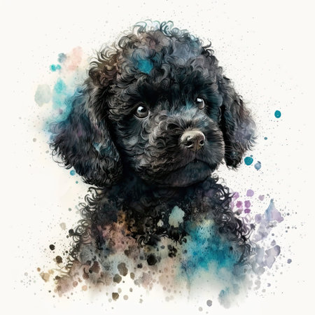Watercolor painting of watercolor black poodle puppy with white background.の素材