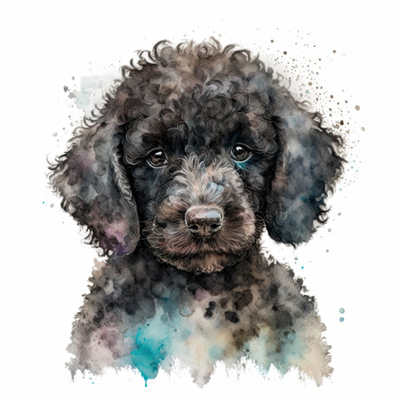 Watercolor painting of watercolor black poodle puppy with white background.の素材