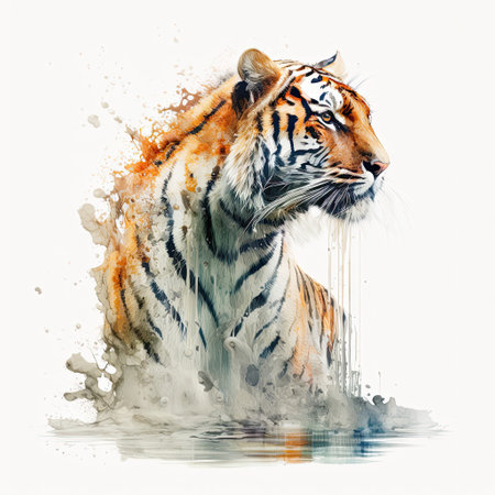 Watercolor painting of tiger with white background.の素材