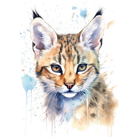 Watercolor painting of african wild cat with white background.の素材