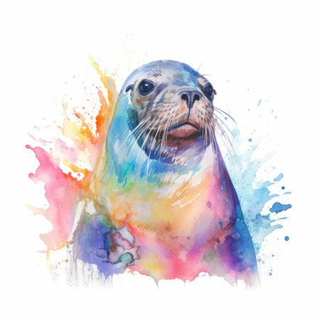 Watercolor painting of california sea lion with white background.の素材