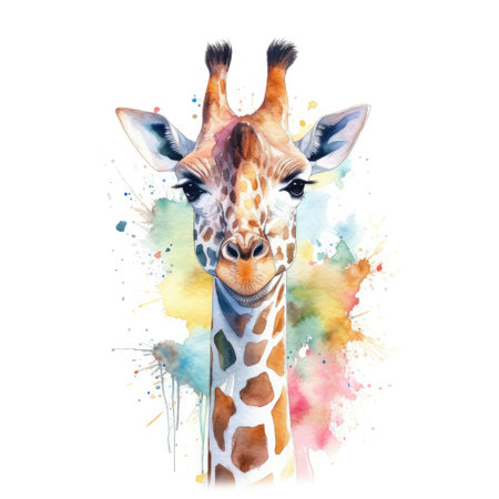 Watercolor painting of giraffe with white background.の素材