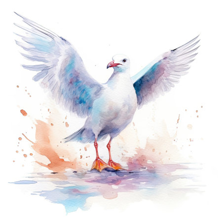 Watercolor painting of gull with white background.の素材