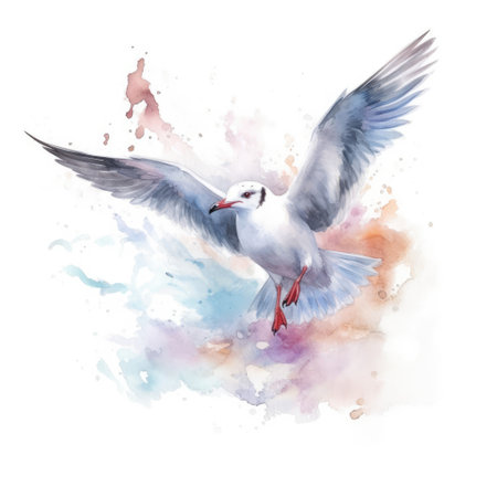 Watercolor painting of gull with white background.の素材