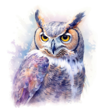 Watercolor painting of great horned owl with white background.の素材