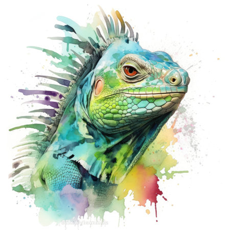Watercolor painting of green iguana with white background.の素材