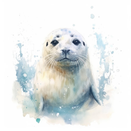 Watercolor painting of harp seal with white background.の素材