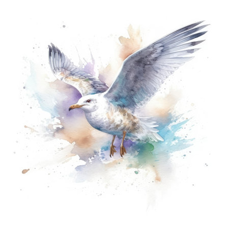 Watercolor painting of gull with white background.の素材