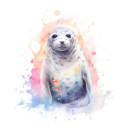 Watercolor painting of harp seal with white background.の素材