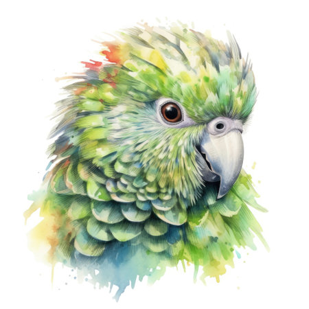 Watercolor painting of kakapo with white background.の素材