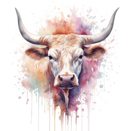 Watercolor painting of longhorn with white background.の素材