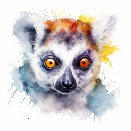 Watercolor painting of lemur with white background.の素材
