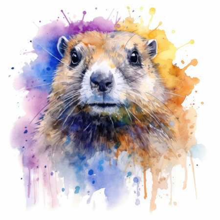 Watercolor painting of marmot with white background.の素材