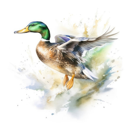 Watercolor painting of mallard duck with white background.の素材