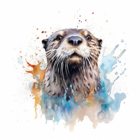 Watercolor painting of otter with white background.の素材