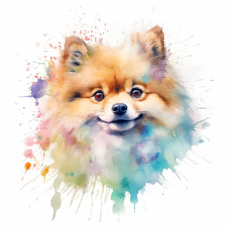 Watercolor painting of pomeranian with white background.の素材
