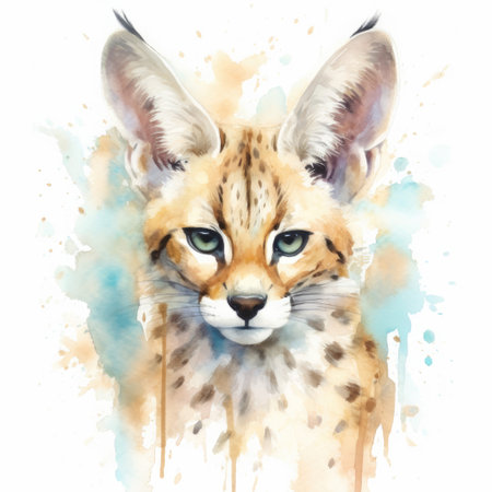 Watercolor painting of serval with white background.の素材