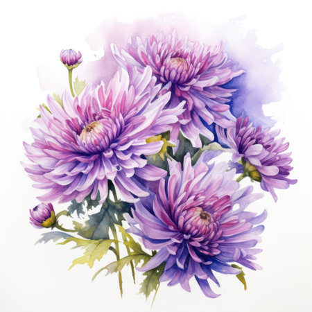 Watercolor painting of aster with white background.の素材