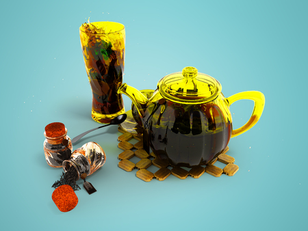 Concept black tea in glassware welding 3d rendering on blue background with shadowの写真素材