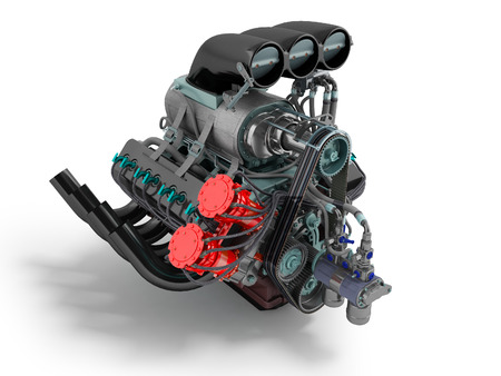 Car turbo red blue perspective on the left 3D render on a white background with shadow