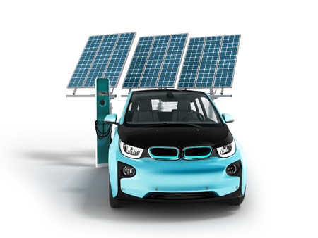 Modern concept of charging solar panels with electric car for city front 3d rendering on white background with shadowの写真素材