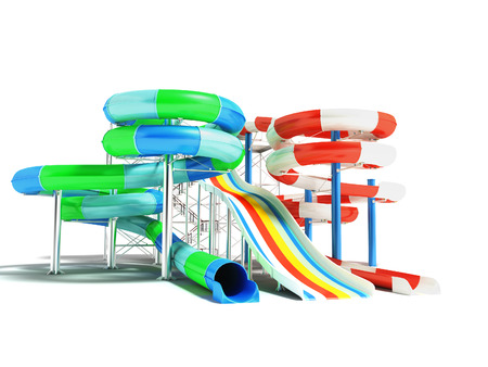 Water attractions with spring slides and a straight hill on the left 3d render on white background with shadowの写真素材