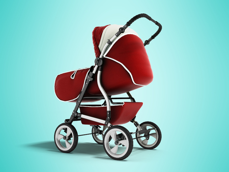 Modern baby carriage with dome against rain and wind red with white insets 3D render on blue background with shadowの写真素材
