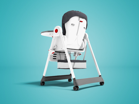 Modern white highchair for feeding child with soft support behind 3d render on blue background with shadowの写真素材