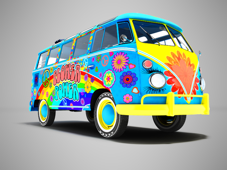 Blue summer retro van in colors and rainbow 3d render on gray background with shadowの写真素材