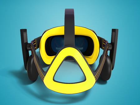Modern black virtual reality glasses with yellow insets behind 3d render on blue background with shadowの写真素材
