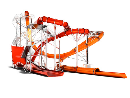 Modern red and orange water roller coaster rides for water park 3d render on white backgroundの写真素材
