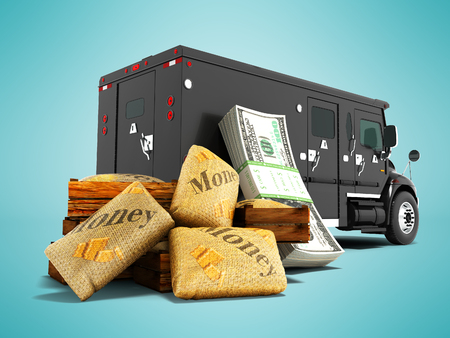 Modern concept of transporting money in bank of black truck with an armored car 3d render on blue background with shadowの写真素材
