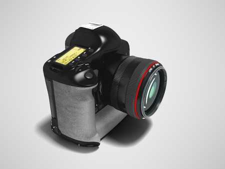 Modern black professional camera with gray leather inserts 3d render perspective on gray background with shadowの写真素材