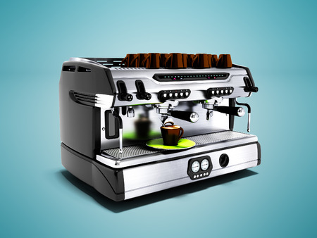Modern gray coffee machine for two mugs for professional work with mug mugs 3d render on blue background with shadowの写真素材