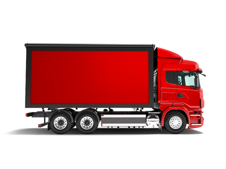 Modern red truck with red trailer for transportation of goods from the side 3d render on white background without shadowの写真素材