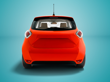 Modern red electric car hatchback for carrying passengers at the rear 3d rendering on blue background with shadowの写真素材