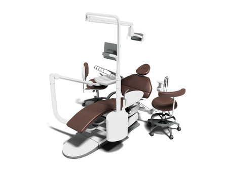 Modern brown dental chair with white inserts with an overhead monitor with two chairs 3d rendering on white background with shadowの写真素材