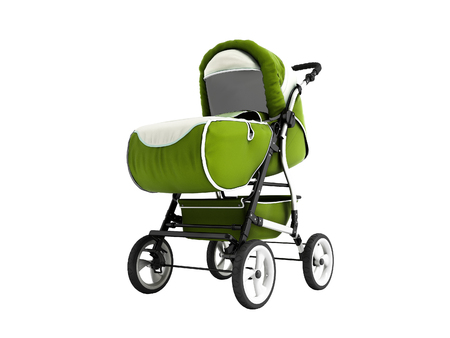 Modern green baby carriage for all weather with white sun 3d rendering on white background no shadowの写真素材