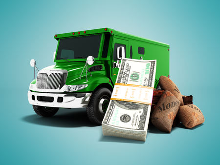 Modern concept of carrying money and stack of dollars in the bank green truck armored car front 3d rendering on blue background with shadowの写真素材