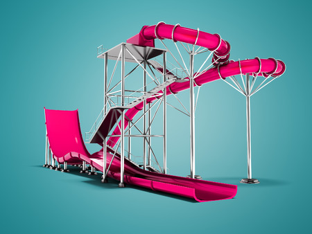 Modern raspberry water attraction on the beach isolated 3d render on blue background with shadowの写真素材