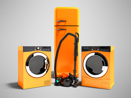Modern orange home appliances refrigerator dryer for clothes washing machine and vacuum cleaner 3d rendering on gray background with shadowの写真素材
