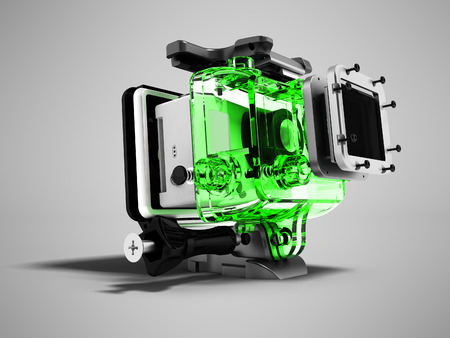 Modern green camera for extreme relaxation dismantled 3D render on gray background with shadowの写真素材