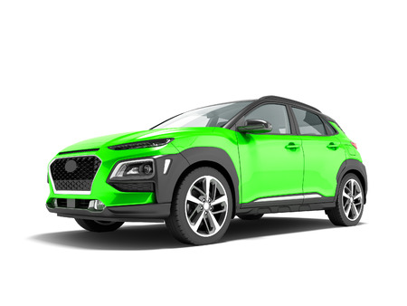 Modern green car crossover in front 3d render on white background with shadowの写真素材